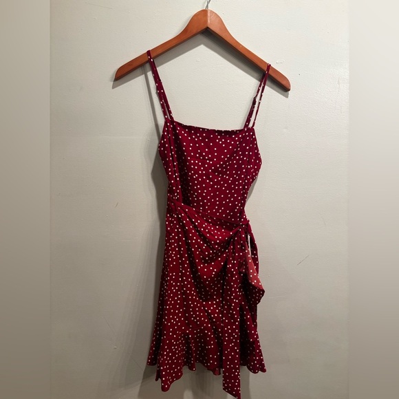 Princess Polly Burgundy Polka Dot Mini Dress short ruffle cottage core vacation - Picture 3 of 12
